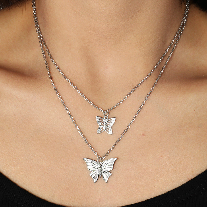 Wholesale Double Layer Stacked Butterfly Necklace